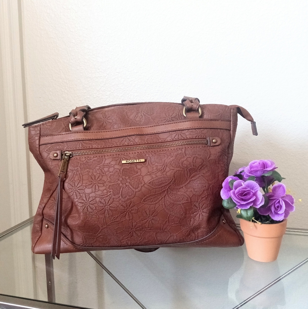 Rosetti Floral Embroidery Leather Brown Shoulder Handbag